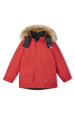 Reima Kids' Serkku Waterproof Down & Feather Fill Jacket with Faux Fur Trim in Tomato Red