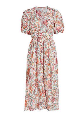 Reine Floral Puff-Sleeve Midi-Dress