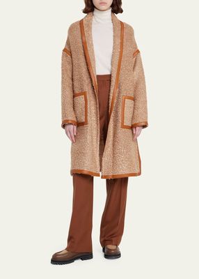 Reinhold Long Boucle Wool Coat with Leather Trimming