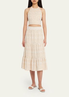 Reise Tiered Floral Embroidered Midi Skirt