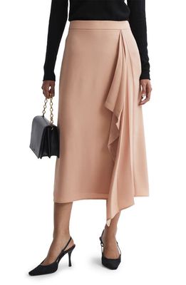 Reiss Ash Ruffle Detail Midi Skirt in Camel