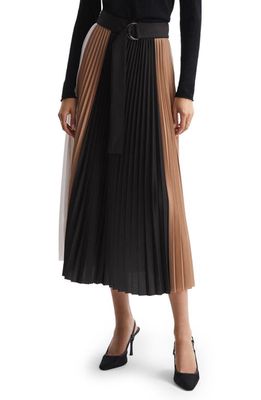 Reiss Ava Colorblock Belted Pleated Midi Skirt in Black Camel
