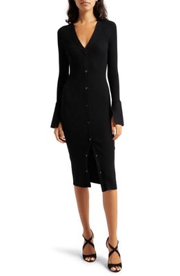Reiss Avery Button-Up Long Sleeve Rib Sweater Dress in Black