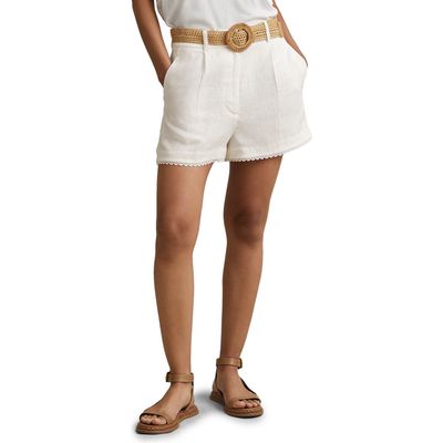 Reiss Belle Lace Trim Linen Shorts in White 