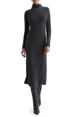 Reiss Cady Long Sleeve Mixed Rib Midi Sweater Dress in Charcoal