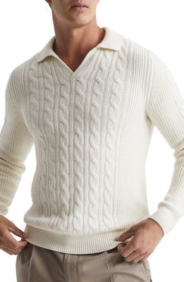 Reiss Cumberland Cable Knit Polo Sweater in Ecru
