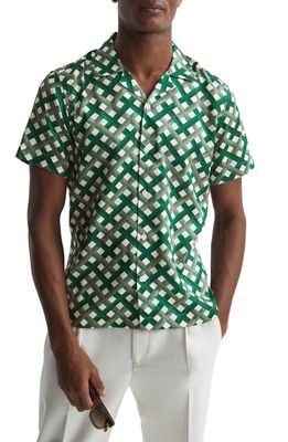 Reiss Elden Geo Print Short Sleeve Button-Up Camp Shirt in Green/Ivory