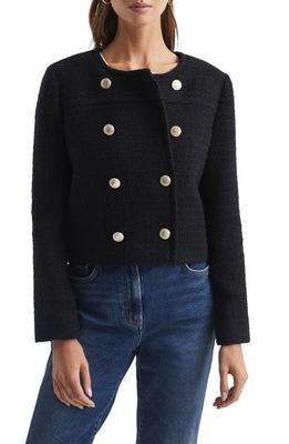 Reiss Esmie Double Breasted Tweed Crop Jacket in Black