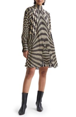 Reiss Ester Mixed Houndstooth Plaid Long Sleeve Swing Dress in Black White