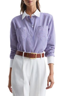Reiss Grace Stripe Cotton Button-Up Tunic Shirt in Purple/White
