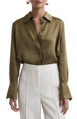 Reiss Hailey Silk Button-Up Shirt in Khaki