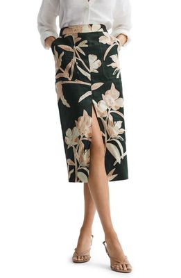 Reiss Jackson Floral Slit Hem Skirt in Khaki