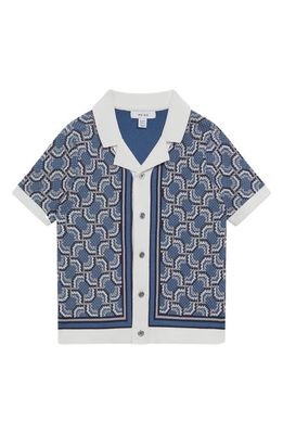 Reiss Kids' Lotus Jr. Jacquard Short Sleeve Button-Up Knit Shirt in Blue Print