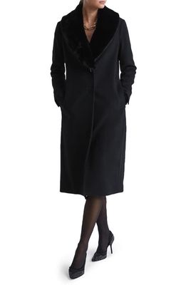 Reiss Laurie Wool Blend Longline Coat with Removable Faux Fur Collar in Black