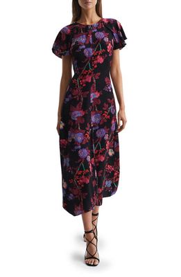 Reiss Leni Floral Flutter Sleeve Midi Dress in Black/Pink