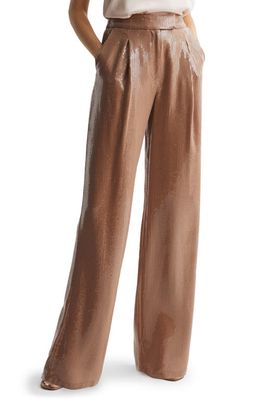 Reiss Lizzie Sequin Pleated High Waist Wide Leg Trousers in Warm Brown