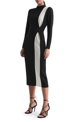 Reiss Millie Colorblock Long Sleeve Midi Dress in Black White
