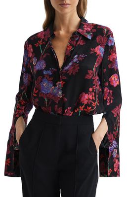 Reiss Polly Floral Bell Sleeve Blouse in Black/Pink