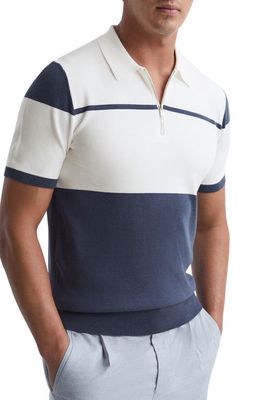 Reiss Rome Colorblock Short Sleeve Quarter Zip Modal & Cotton Polo in Airforce Blue/White