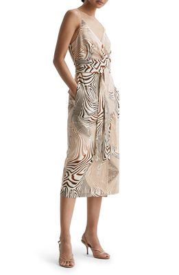 Reiss Rosie Linen & Cotton Faux Wrap Dress in Brown/White