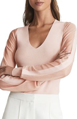 Reiss Sophie V-Neck Sheer Sleeve Knit Top in Pink