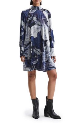 Reiss Thea Mixed Floral Print Long Sleeve Trapeze Dress in Blue White