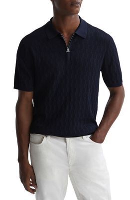 Reiss Ubud Textured Mosaic Quarter Zip Polo Sweater in Navy