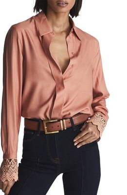 Reiss Zandra Lace Cuff Button-Up Blouse in Pink