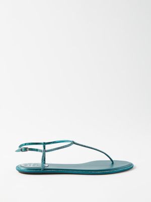 Rene Caovilla - Diana Crystal-embellished Satin Flat Sandals - Womens - Petrol Blue