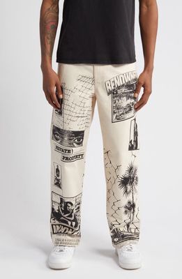 Renowned All Seeing Print Straight Leg Jeans in Off White