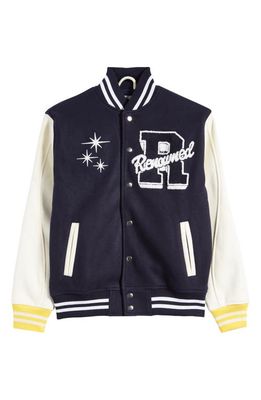 Renowned Embroidered Varsity Jacket in Navy