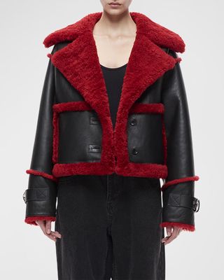 Reva Leather Short Jacket with Shearling Trim