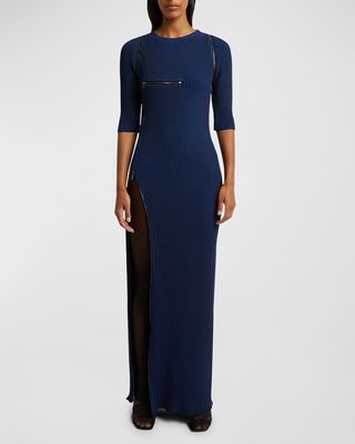 Revaler Zipper Thigh-Slit 3/4-Sleeve Knit Maxi Dress