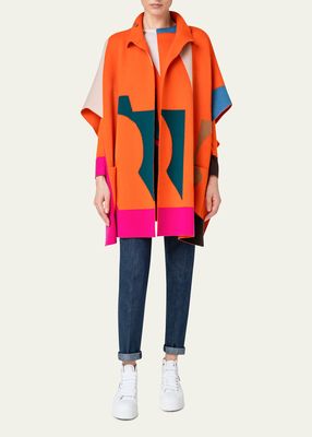 Reversible Cashmere Knit Cape with Colorblock Intarsia Detail