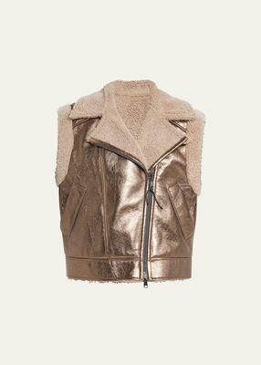 Reversible Metallic Moto Vest with Shearling Lining