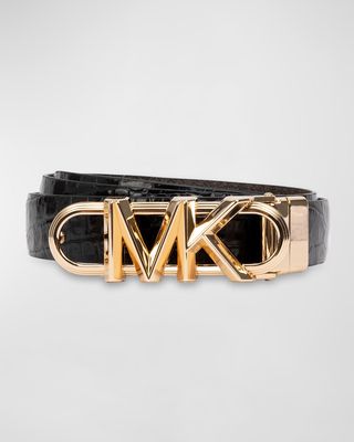 Reversible Monogram & Croc-Embossed Leather Belt