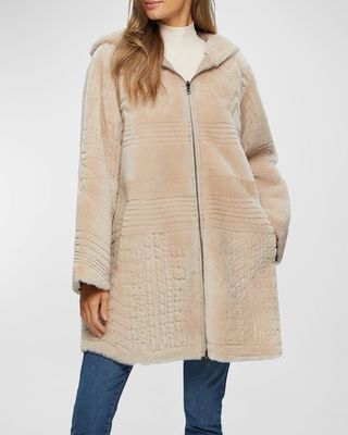 Reversible Shearling Lamb Parka Jacket With Grooved Pattern