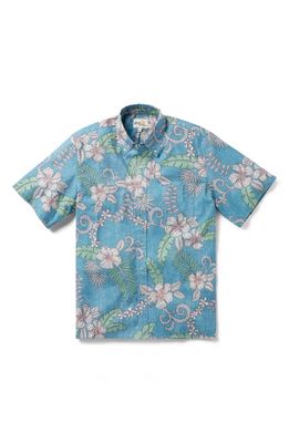 Reyn Spooner Classic Fit Hibiscus Print Short Sleeve Button-Down Shirt in Stormy Sky