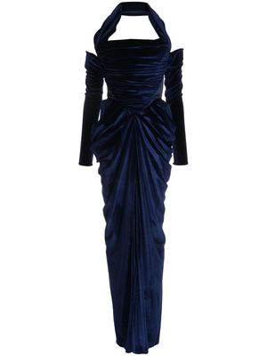 Rhea Costa halterneck velvet long dress - Blue