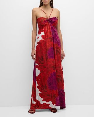 Rhea Sleeveless Floral-Print Halter Maxi Dress