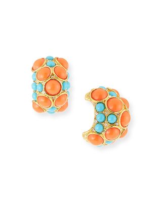 Rhinestone C-Hoop Clip Earrings, Coral/Turquoise