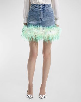 Rhinestone Ombre Feather Denim Mini Skirt