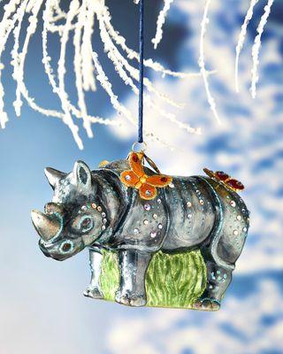 Rhino with Butterflies Glass Ornament