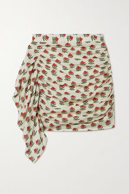 Rhode - Hannah Draped Ruched Floral-print Cotton-voile Mini Skirt - Ecru