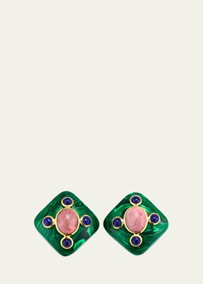 Rhombus Earrings with Malachite Colored Resin, Rhodocrosite and Lapis Lazuli