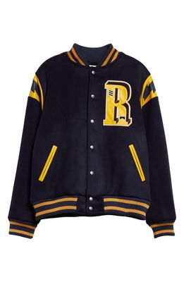 Rhude American Spirit Wool Blend Varsity Jacket in Navy/Mustard Yellow