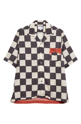Rhude Broken Checkerboard Silk Camp Shirt in Ivory/Black/Red