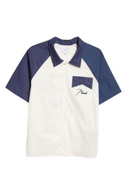 Rhude Colorblock Raglan Sleeve Cotton Poplin Button-Up Shirt in Navy/Creme