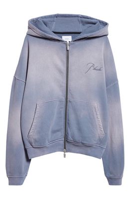 Rhude Distressed Logo Embroidered Cotton French Terry Zip Hoodie in Sundry Steele