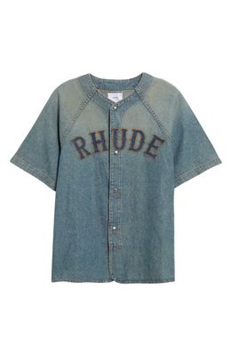 Rhude Embroidered Logo Denim Baseball Shirt in Dark Indigo